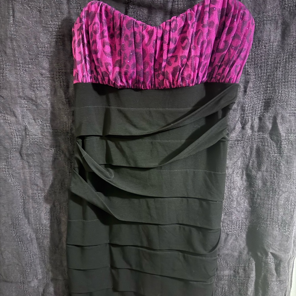 City Triangles Black and Pink cheetah print Strapless Dress